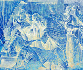 Jesus heals Jairus´ daughter, graphic collage from engraving of Nazareene School, published in The Holy Bible, St.Vojtech Publishing, Trnava, Slovakia, 1937.