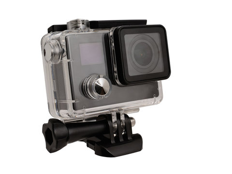 Action camera in aquafox on white background