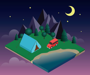 Summer Camping and tent near a river or lake. Moonlight night. Vacation and holiday concept.