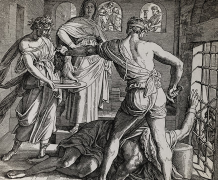 Beheading of St. John the Baptist, graphic collage from engraving of Nazareene School, published in The Holy Bible, St.Vojtech Publishing, Trnava, Slovakia, 1937.
