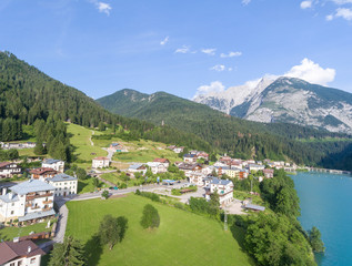 Aerial view of Auronzo Lake, Italian Dolomites