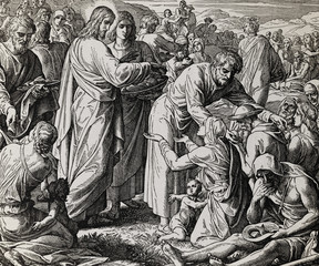 Jesus feeds the crowd with bread and fish, graphic collage from engraving of Nazareene School, published in The Holy Bible, St.Vojtech Publishing, Trnava, Slovakia, 1937.