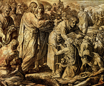 Jesus feeds the crowd with bread and fish, graphic collage from engraving of Nazareene School, published in The Holy Bible, St.Vojtech Publishing, Trnava, Slovakia, 1937.