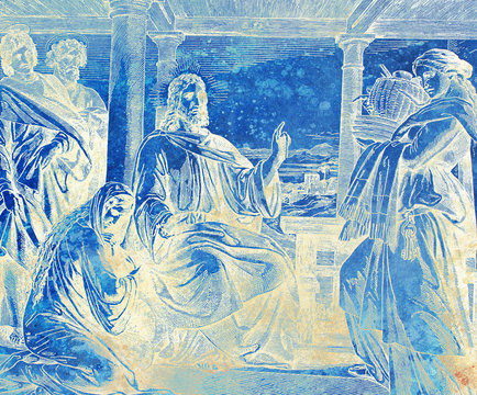 Jesus in the home of Martha and Mary, graphic collage from engraving of Nazareene School, published in The Holy Bible, St.Vojtech Publishing, Trnava, Slovakia, 1937.