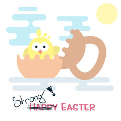 Flat Happy easter card concept with cracked kettlebell and chicken.