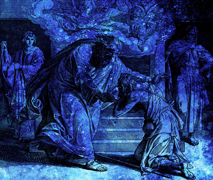 Return of the prodigal son, graphic collage from engraving of Nazareene School, published in The Holy Bible, St.Vojtech Publishing, Trnava, Slovakia, 1937.