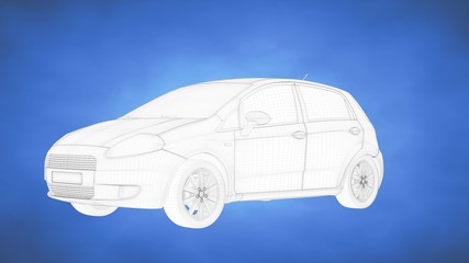 outlined 3d rendering of a car inside a blue studio