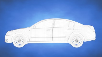 outlined 3d rendering of a car inside a blue studio