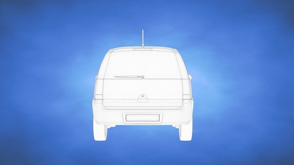 outlined 3d rendering of a car inside a blue studio