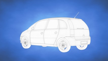 outlined 3d rendering of a car inside a blue studio