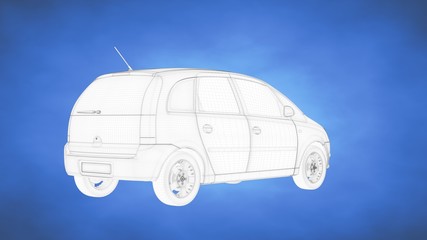 outlined 3d rendering of a car inside a blue studio