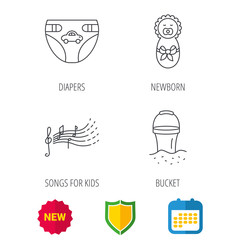 Diapers, newborn baby and songs for kids icons. Beach bucket linear sign. Shield protection, calendar and new tag web icons. Vector