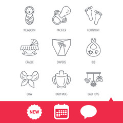 Pacifier, newborn and baby toys icons. Footprint, diapers and cradle bed linear signs. Mug, dirty bib flat line icons. New tag, speech bubble and calendar web icons. Vector