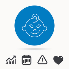 Baby boy face icon. Child with smile sign. Newborn symbol. Calendar, attention sign and growth chart. Button with web icon. Vector