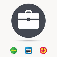 Briefcase icon. Diplomat handbag symbol. Business case sign. Calendar, download arrow and new tag signs. Colored flat web icons. Vector