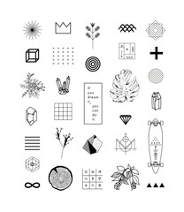 Set of different elements and shapes.Trendy hipster symbols and logotypes. Ethnic patterns. Geometric, alchemy, decor items. Vector.