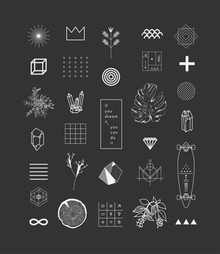 Set of different elements and shapes.Trendy hipster symbols and logotypes. Ethnic patterns. Geometric, alchemy, decor items. Vector.