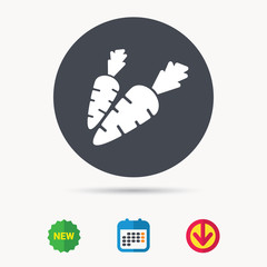 Fototapeta premium Carrot icon. Fresh natural vegetable symbol. Vegetarian food. Calendar, download arrow and new tag signs. Colored flat web icons. Vector