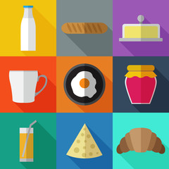 Set of simple breakfast food icons flat on color squares 