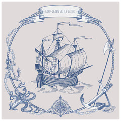 Adventure stories. Pirate background. Vintage border frame. Old caravel, vintage sailboat, sea monster.