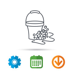Soapy cleaning icon. Bucket with foam and bubbles sign. Calendar, cogwheel and download arrow signs. Colored flat web icons. Vector