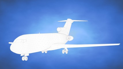 outlined 3d rendering of an airplane inside a blue studio