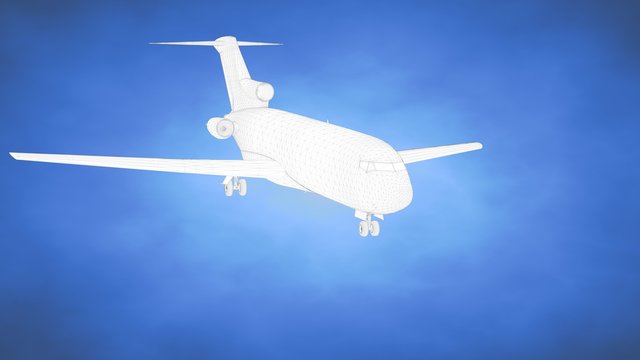 outlined 3d rendering of an airplane inside a blue studio