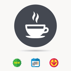 Coffee cup icon. Hot tea drink symbol. Calendar, download arrow and new tag signs. Colored flat web icons. Vector