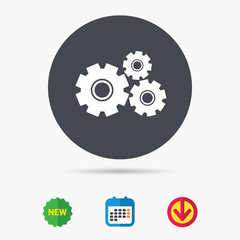 Cogwheels icon. Repair service symbol. Calendar, download arrow and new tag signs. Colored flat web icons. Vector