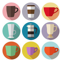 Set of simple colorful coffee cups and french press flat icons o