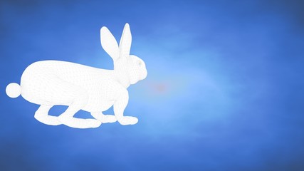 outlined 3d rendering of a rabbit inside a blue studio