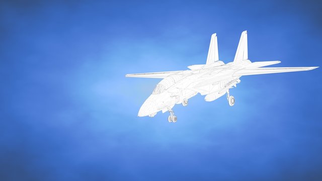 outlined 3d rendering of an airplane inside a blue studio