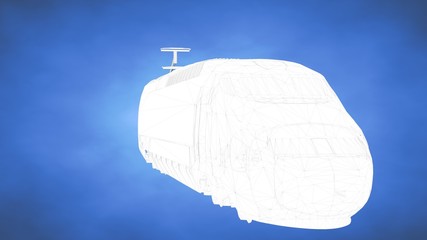 outlined 3d rendering of a train inside a blue studio