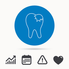 Dental fillings icon. Tooth restoration sign. Calendar, attention sign and growth chart. Button with web icon. Vector