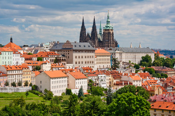 Obraz premium Aerial view of the city. St. Vitus Cathedral over old town red roofs. Prague, Czech Republic