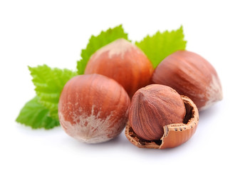 Hazelnuts with leaf .