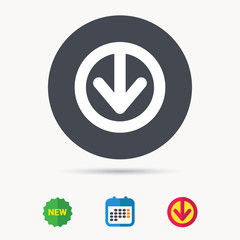Download icon. Load internet data symbol. Calendar, download arrow and new tag signs. Colored flat web icons. Vector