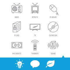 Retro TV, radio and DVD disc icons. PC mouse, VHS cassette and sound speaker linear signs. Light bulb, speech bubble and leaf web icons. Vector