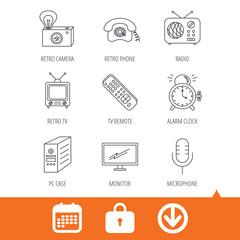 Retro camera, radio and phone call icons. Monitor, PC case and microphone linear signs. TV remote, alarm clock icons. Download arrow, locker and calendar web icons. Vector