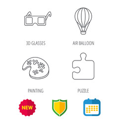 Puzzle, painting and air balloon icons. 3d glasses linear sign. Shield protection, calendar and new tag web icons. Vector
