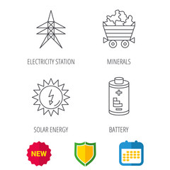 Solar energy, battery and minerals icons. Electricity station linear sign. Shield protection, calendar and new tag web icons. Vector