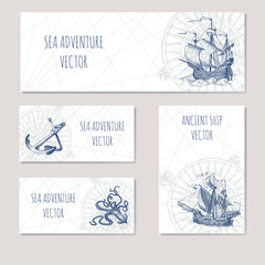 Old caravel, vintage sailboat. Sea adventure vector background. Doodles design elements business cards, banners.