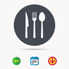 Fork, knife and spoon icons. Cutlery symbol. Calendar, download arrow and new tag signs. Colored flat web icons. Vector