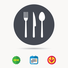 Fork, knife and spoon icons. Cutlery symbol. Calendar, download arrow and new tag signs. Colored flat web icons. Vector