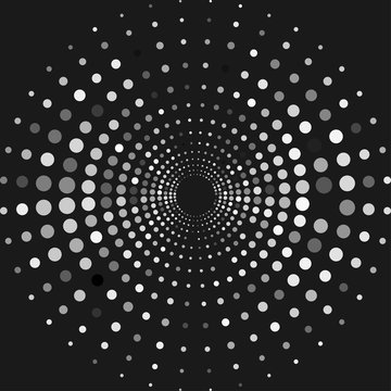 Circle with dots for Design Project. Halftone effect vector illustration. White and gray dots on black background. Black and white Sunburst background. Round frame design template.