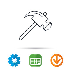 Hammer icon. Repair or fix sign. Construction equipment tool symbol. Calendar, cogwheel and download arrow signs. Colored flat web icons. Vector