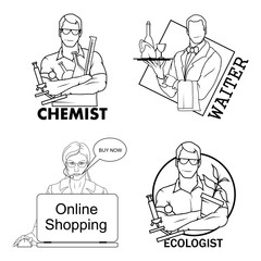 Fototapeta na wymiar A set of logos - a woman online consultant with a laptop, a chemist with test tubes, an ecologist with a microscope and a flower in a pot and a professional waiter