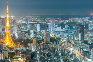 TOKYO - MAY 20, 2016: Tokyo aerial night skyline from Asakusa. The city attracts 15 million visitors every year