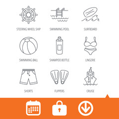 Surfboard, swimming pool and trunks icons. Beach ball, lingerie and shorts linear signs. Flippers, cruise ship and shampoo icons. Download arrow, locker and calendar web icons. Vector