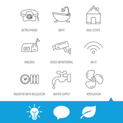 Wifi, video camera and mailbox icons. Real estate, bath and water supply linear signs. Radiator with heat regulator, phone icons. Light bulb, speech bubble and leaf web icons. Vector